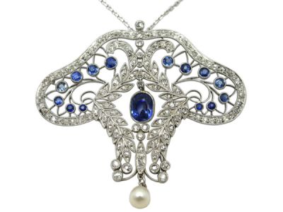 Pendant Platinum Sapphire and Diamond Edwardian