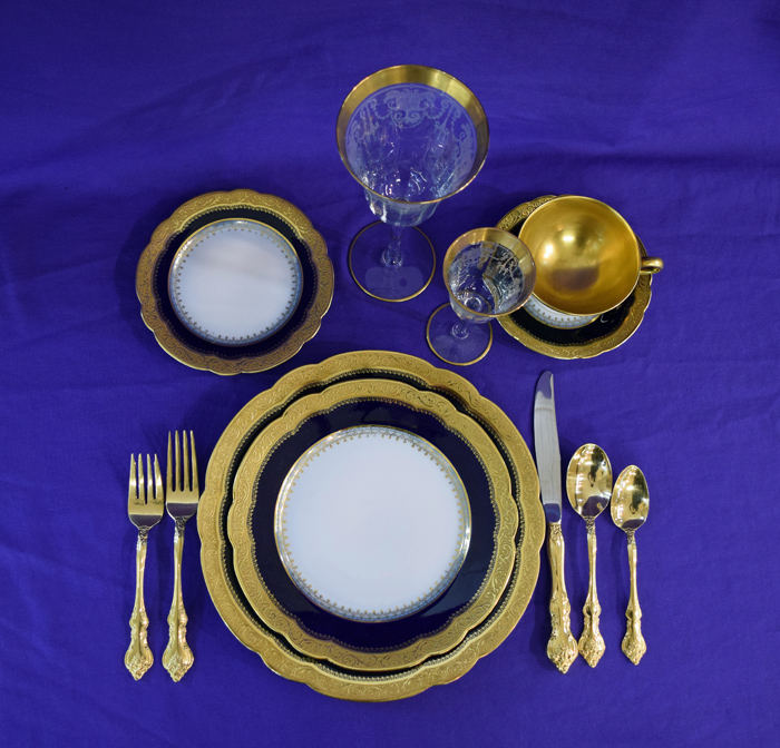 Limoges Acid Etched and Cobalt Blue Dinner Service