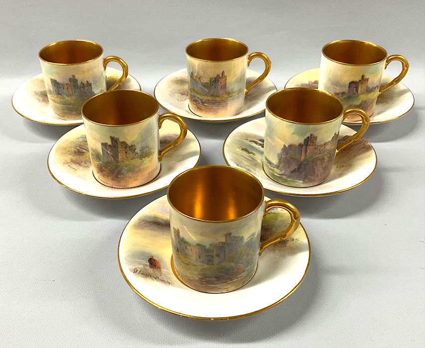 Royal Worcester Hand Painted Coffee Cans And Saucers, Signed J