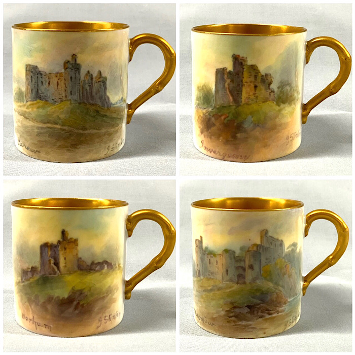 Royal Worcester Hand Painted Coffee Cans And Saucers, Signed J