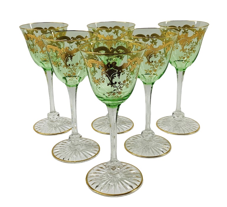 Antique St. Louis Crystal Coloured Wine Glasses, circa 1920