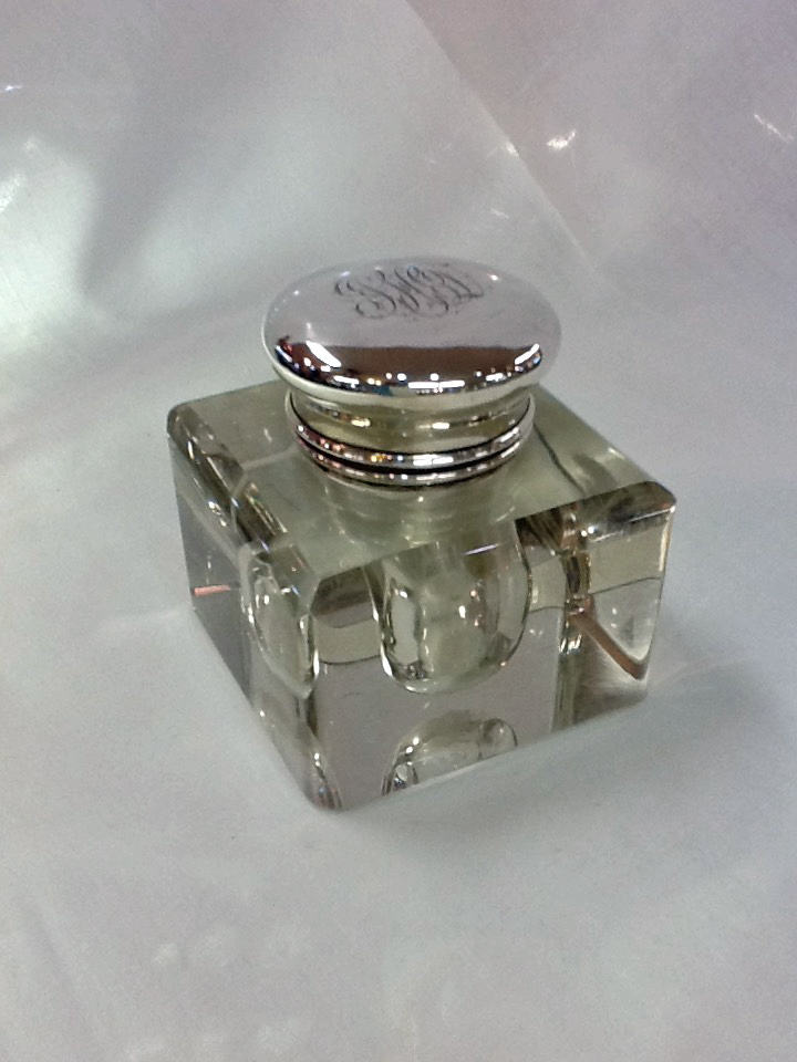 Birmingham c. 1917 English Silver Topped Glass Inkwell