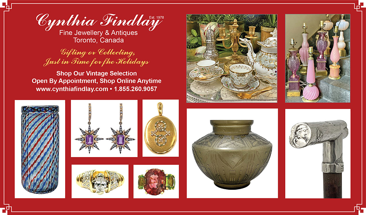 A holiday gift guide advertisement in the Canadian Antiques & Vintage Magazine from Cynthia Findlay Fine Jewellery & Antiques