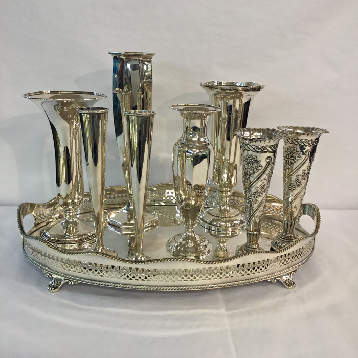 Additional Assorted Silver Vases On Tray