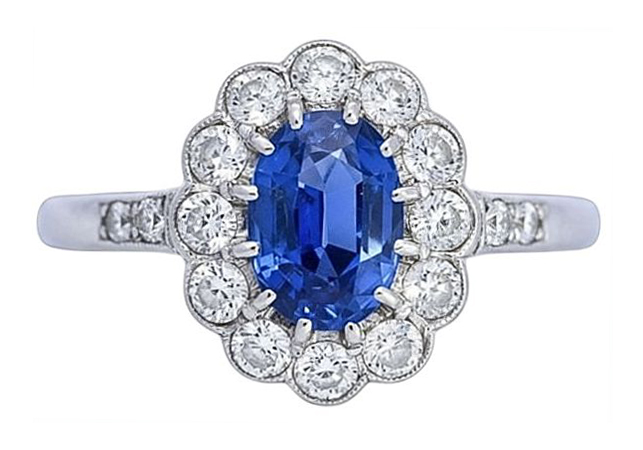 Vintage Sapphire and Diamond Engagement Ring Made in 18K White Gold