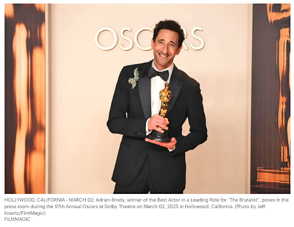 Adrien Brody winner of the Best Actor in a Leading Role for "The Brutalist" wearing a men's brooch at the 97th 2025 Oscars