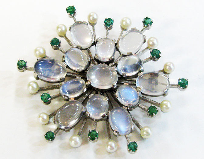 Vintage Moonstone Emerald Pearl Brooch