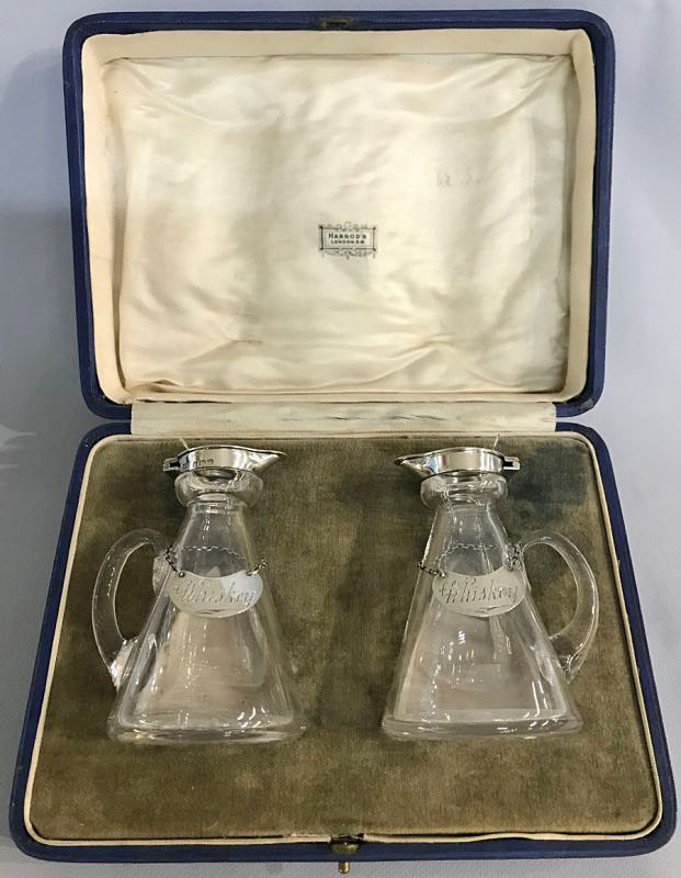 Glass Whiskey Water Jugs With Sterling Silver Covers Liquor Tags