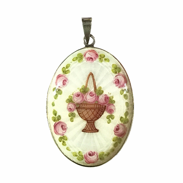 Vintage 935 Sterling Silver Guilloche Enamel Oval Locket