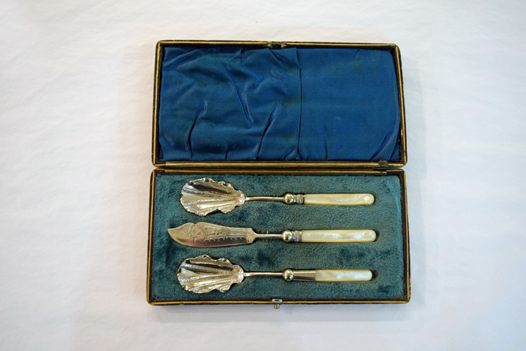 Victorian Three Piece Mother of Pearl and Silver Plate Butter and Jam Set, Boxed