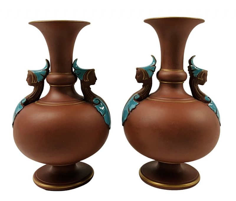 Victorian Watcombe Terracotta Enamelled Vases