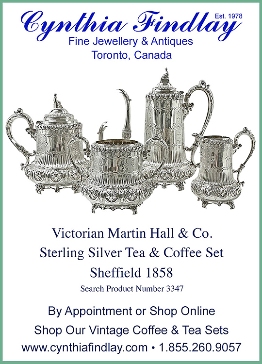 Victorian Martin Hall & Co. Sterling Silver Tea & Coffee Set, Sheffield 1858 – Ornamentum: Canadian decorative arts magazine – Ad by Cynthia Findlay Fine Jewellery & Antiques