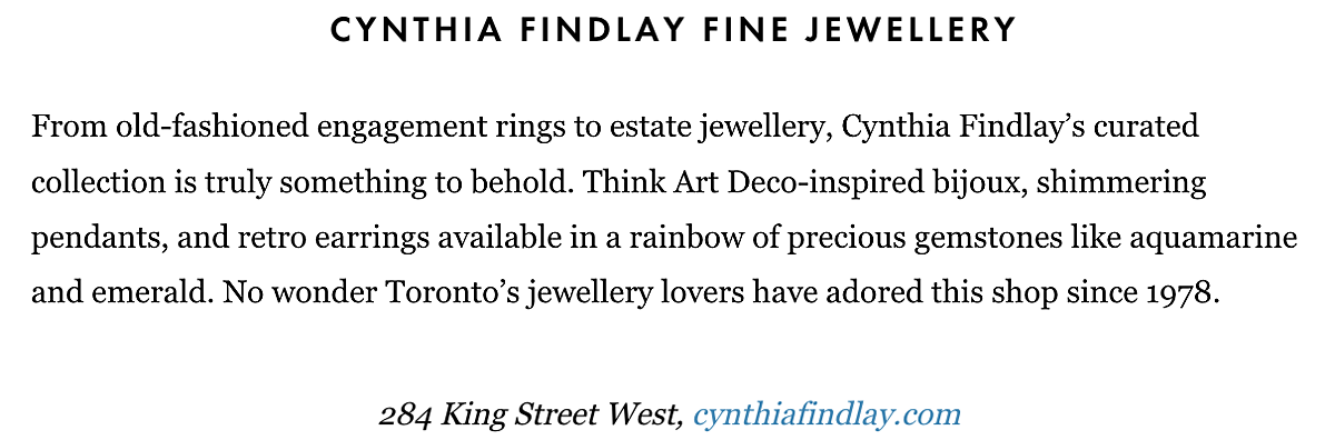 Cynthia Findlay Fine Jewellery & Antiques is featured in ELLE Canada’s guide to the best vintage jewellery in Toronto.