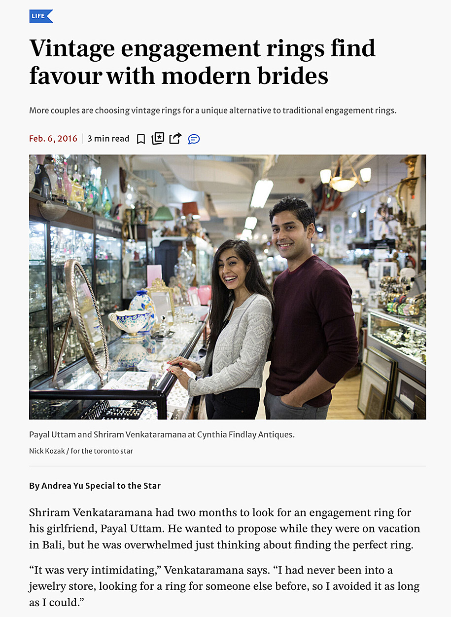 Toronto Star - Cynthia Findlay Fine Jewellery & Antiques - Vintage engagement rings find favour with modern brides